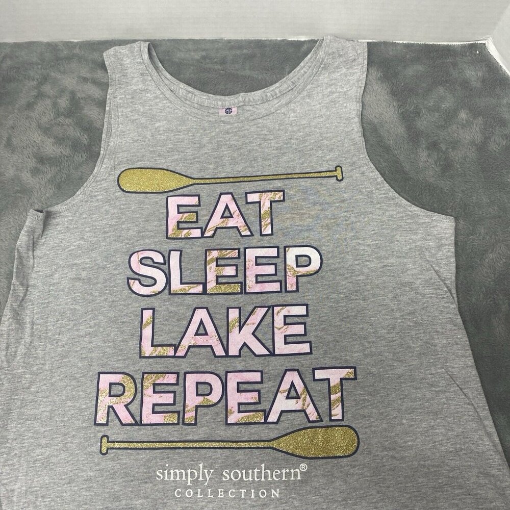 Simply Southern Tank Top Eat Sleep Lake Repeat Womens Size Large Gray Camping